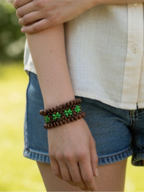 Jewelry - Handmade Beaded Stretch Bracelet - Brown & Green Floral